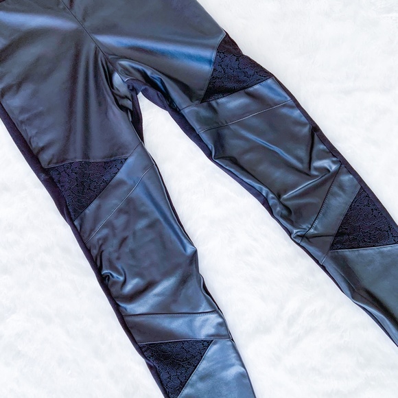 Pierre Mantoux | Faux Leather Leggings Stretch Sexy Lace Inset Black L Ponte - Picture 4 of 10